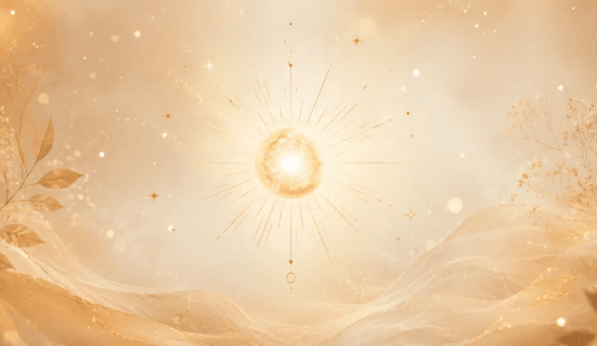 lumière dorée mystique avec étoiles et motifs célestes sur fond doux et vaporeux