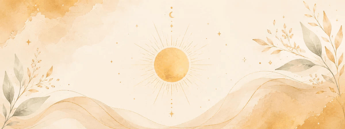 illustration soleil doré avec étoiles et feuillages aquarelle pour Lueur d'Âme