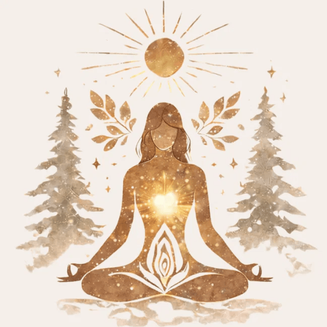 silhouette méditative féminine avec cœur lumineux entourée d'éléments naturels et symboles spirituels